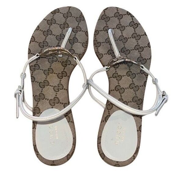 GUCCI Double G Heart Monogram T-Strap Flat Sandals Size 39 US 8.5 Neutral - Picture 5 of 11